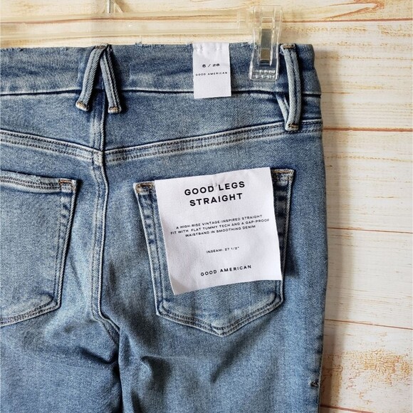 Good American Good Legs Straight Cotton Distressed Denim Jeans Women's Size 6/28 - Picture 4 of 9